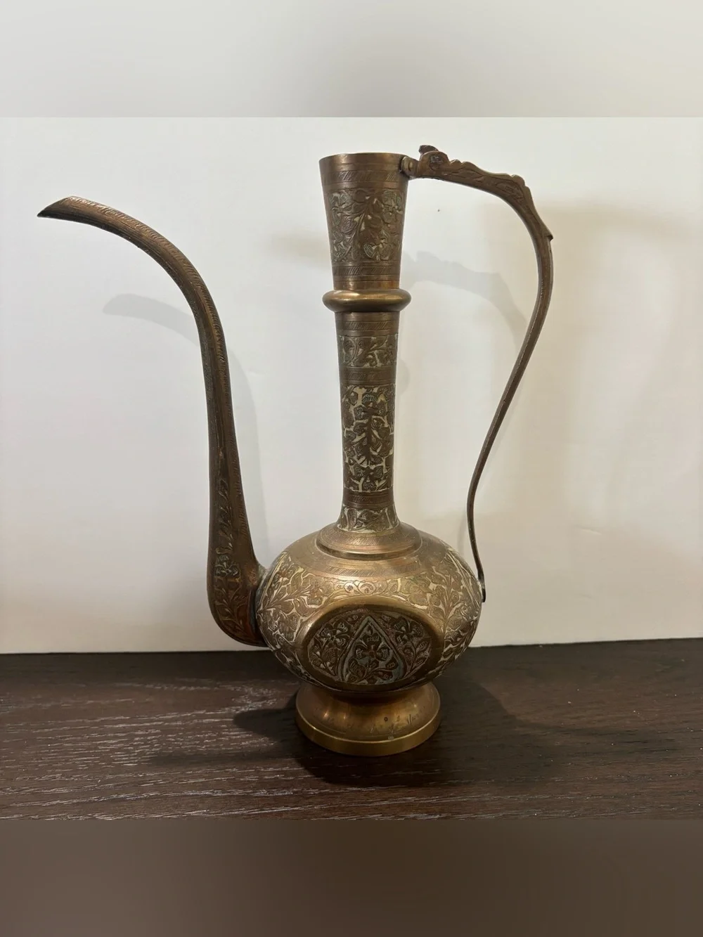 Vintage Indian Solid Brass Ewer Tea/ Water Pot Pitcher Etched Enamel Aftaba